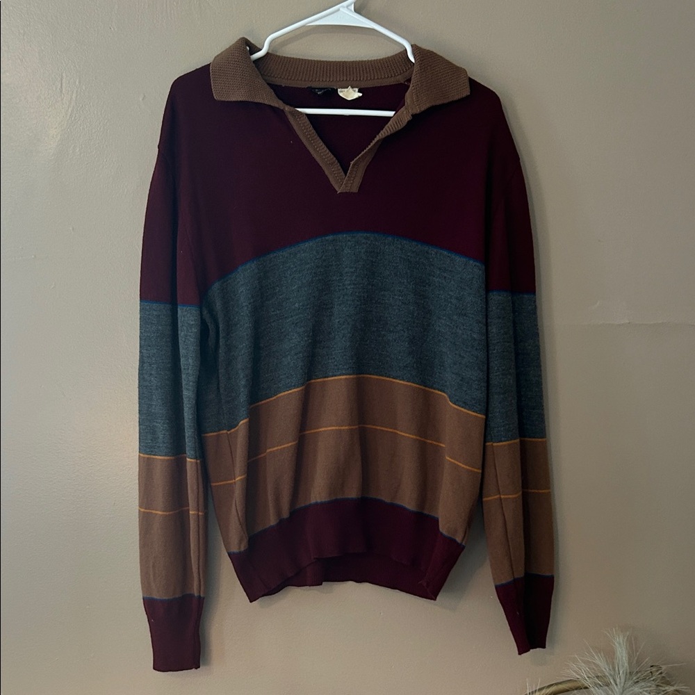 Vintage Baskins V-Neck Sweater in Burgundy, Gray, and Brown - Made in Italy